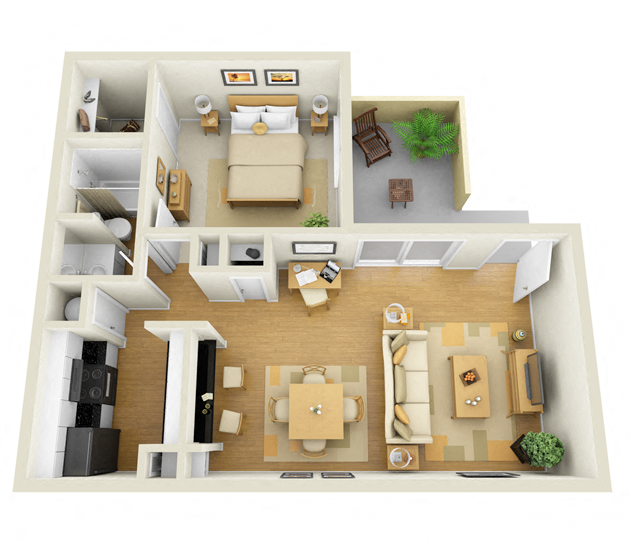 Floor plan for 1 bed, 1 bath, 680 sqft